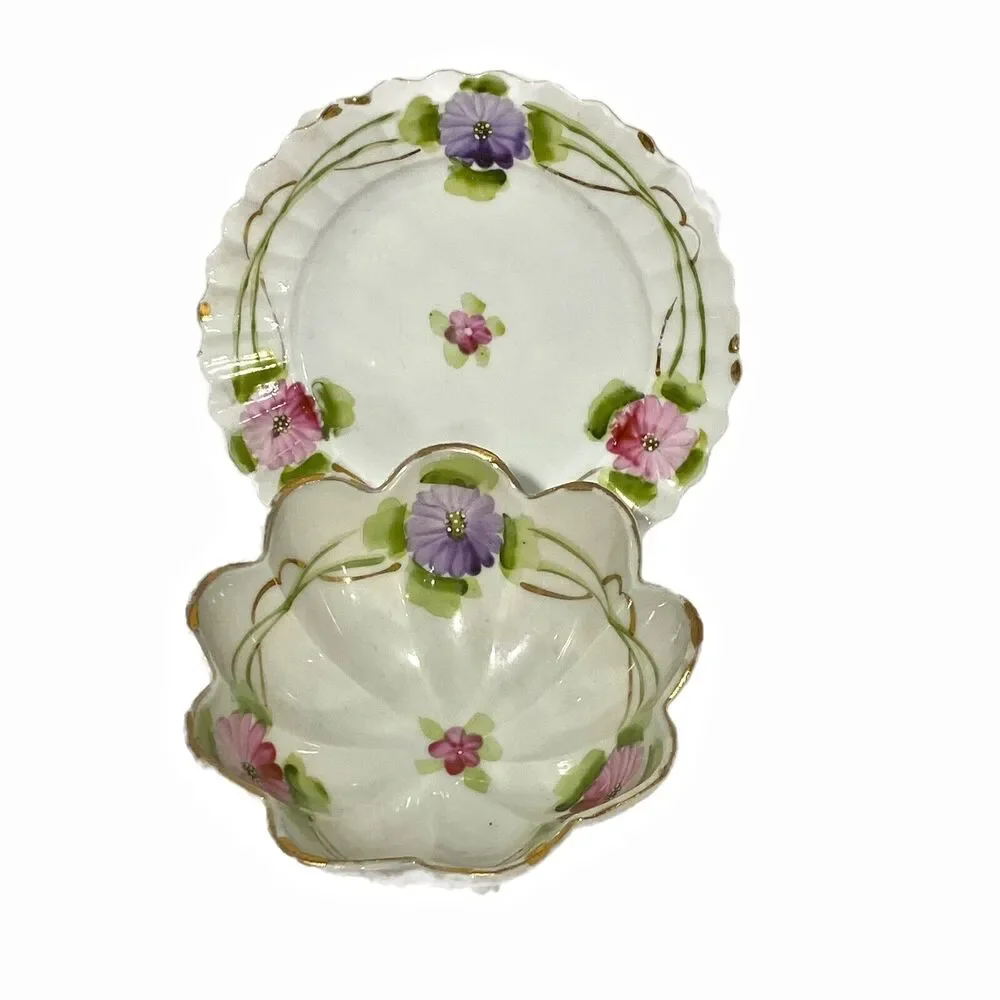 Mayonnaise Bowl & Drip Dish Set Porcelain Hand Painted Pink Purple Flowers Japan